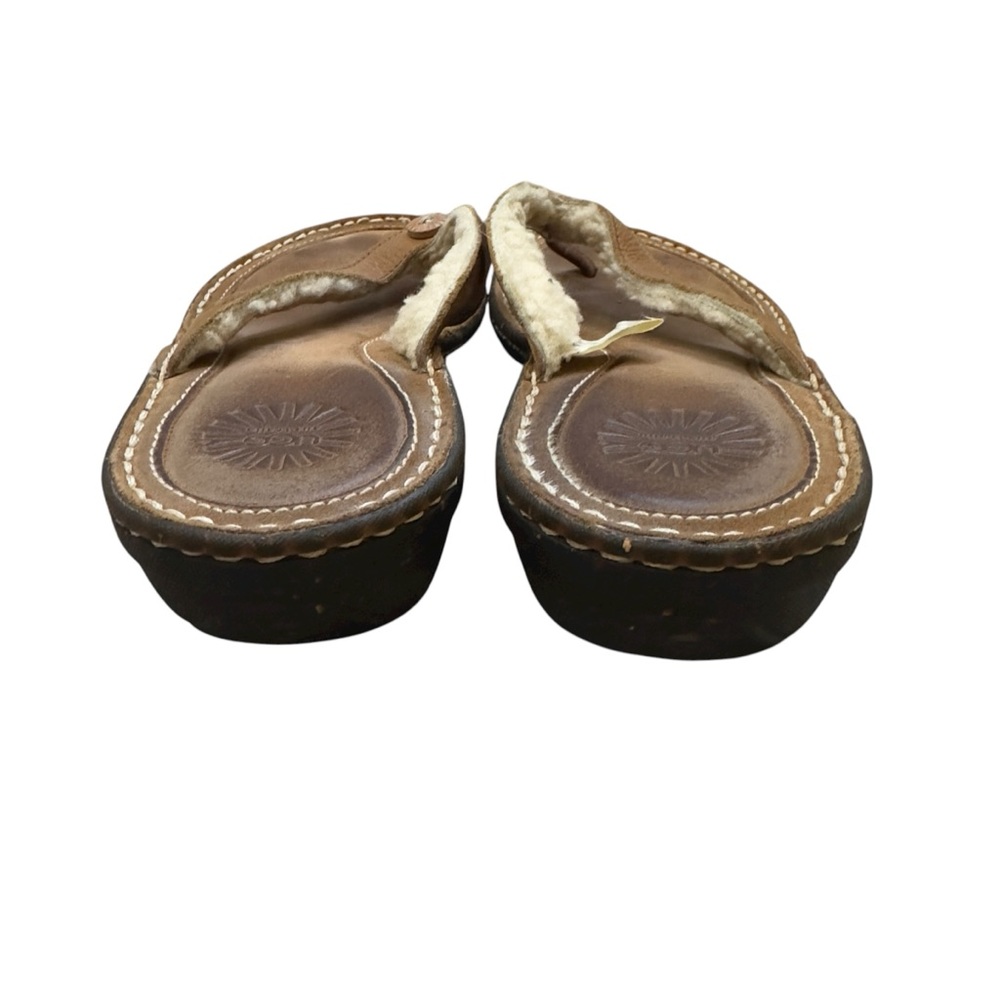UGG Leather Sheepskin Flip Flop Sandals Brown Shearling Lined Comfort Size 9 - Picture 3 of 7